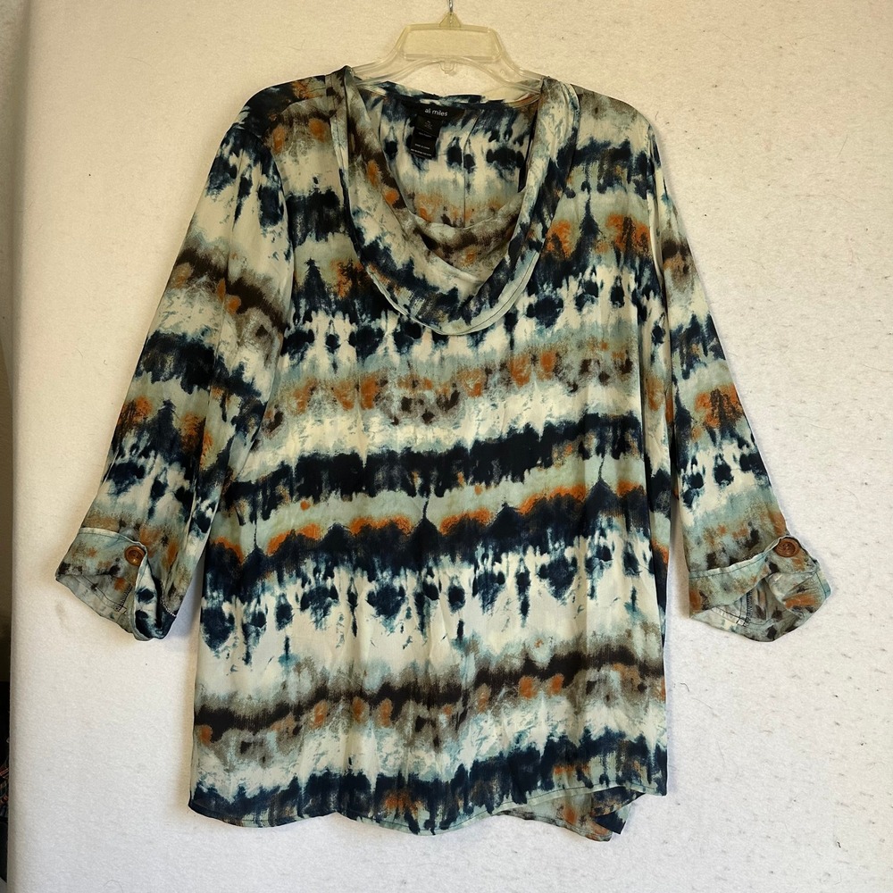 Ali Miles Womens XL Blue Orange Abstract Tie Dye Cowl Neck 3/4 Sleeve Tunic Top